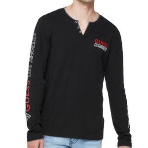 GUESS Logo Slit Long-Sleeve Henley Men's Shirt L